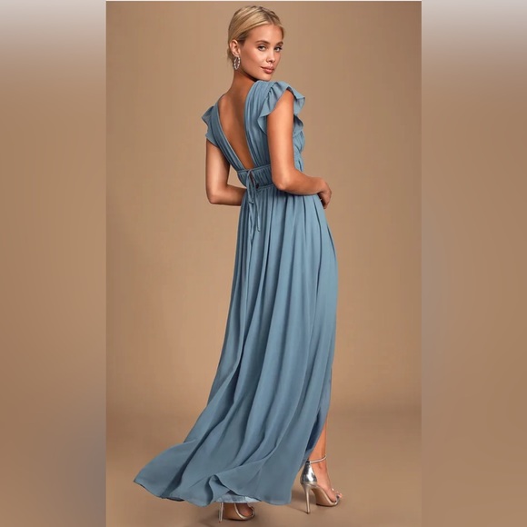 Plunging v line beautiful blue floor length summer dress - Picture 4 of 8